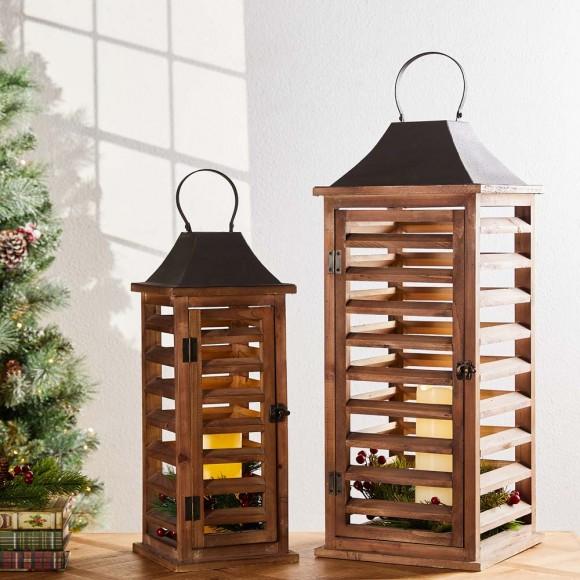 Glitzhome Glitzhome Farmhouse Natural Wooden Shutter Lanterns Set Of 2