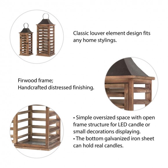 Glitzhome Glitzhome Farmhouse Natural Wooden Shutter Lanterns Set Of 2