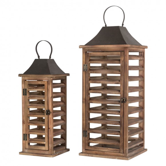 glitzhome Glitzhome Farmhouse Natural Wooden Shutter Lanterns Set of 2