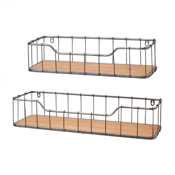glitzhome Glitzhome Farmhouse Ructic Metal Wooden Wall Storage Basket Shelves Set of 2