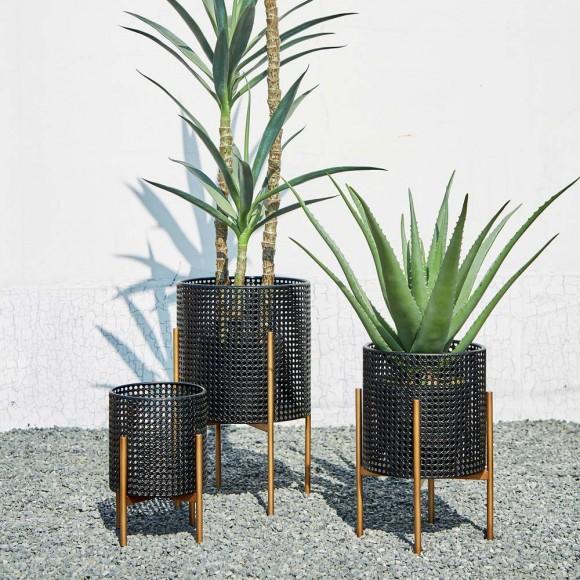 Glitzhome Glitzhome Faux Wicker Black Metal Pot Planter Stand Set Of 3