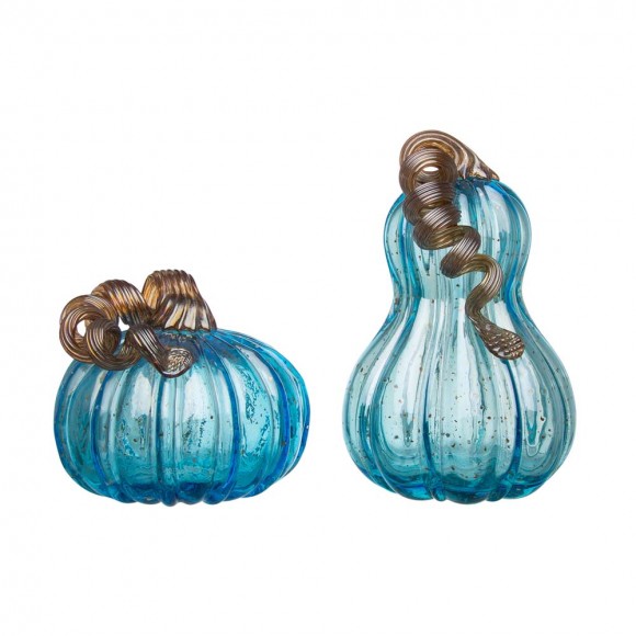 glitzhome Glitzhome S/2 Blue Glass Pumpkin Decor