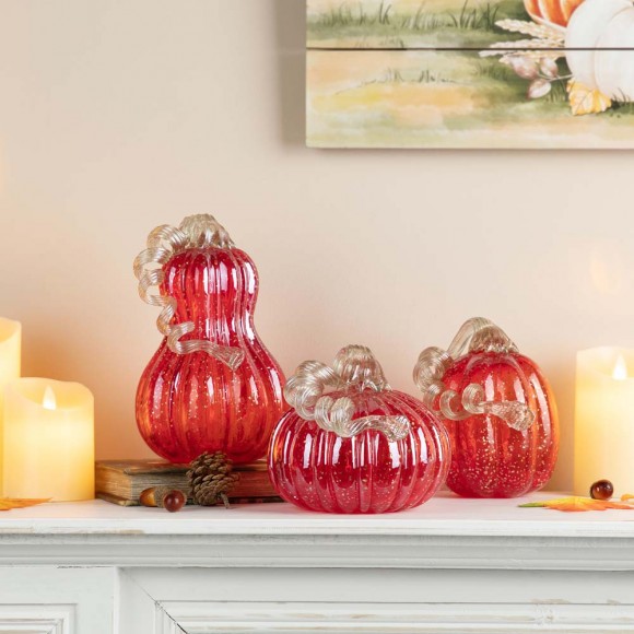 Glitzhome Glitzhome S/3 Red Glass Pumpkin & Gourd