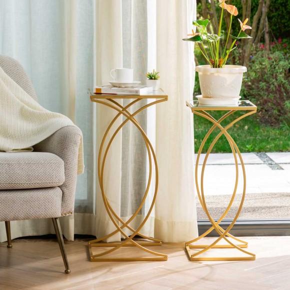 Glitzhome Glitzhome Gold Metal Nesting Accent End Table/Coffee Table With Glass Top Set Of 2