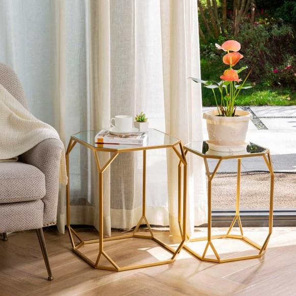 Glitzhome Glitzhome Gold Metal Nesting Side & End Accent Tables With Glass Top Set Of 2