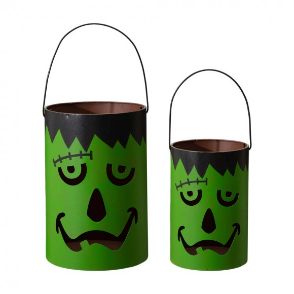 glitzhome Glitzhome Green Halloween Metal Cutout Frankenstein Face Bucket Set of 2