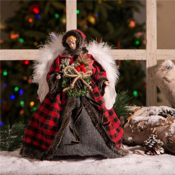 Glitzhome Glitzhome Handmade Plaid Angel Christmas Treetop Ornament Decoration 12" H - Red & Black