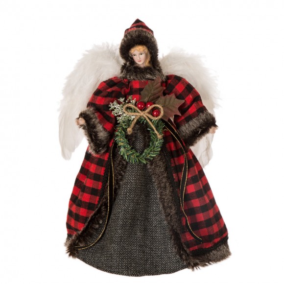 glitzhome Glitzhome Handmade Plaid Angel Christmas Treetop Ornament Decoration 12" H - Red & Black