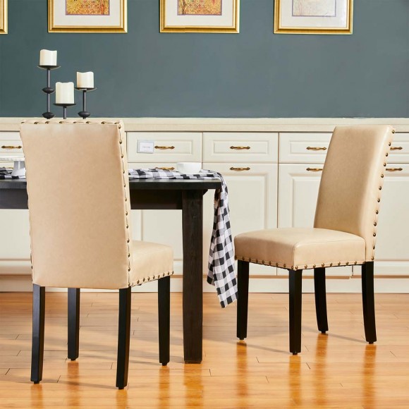 Glitzhome Glitzhome High-Back Beige PU Upholstered Dining Chair With Studded Decor Set Of 2