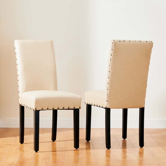 Glitzhome Glitzhome High-Back Beige PU Upholstered Dining Chair With Studded Decor Set Of 2