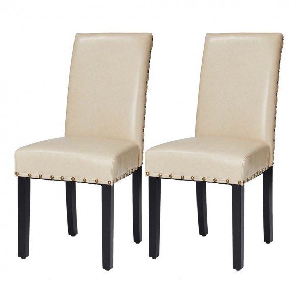 glitzhome Glitzhome High-Back Beige PU Upholstered Dining Chair with Studded Decor Set of 2
