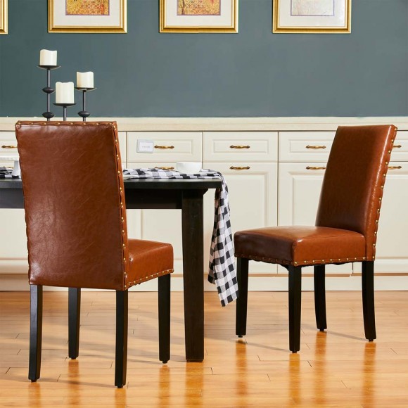 Glitzhome Glitzhome High-Back Brown PU Upholstered Dining Chair With Studded Decor Set Of 2