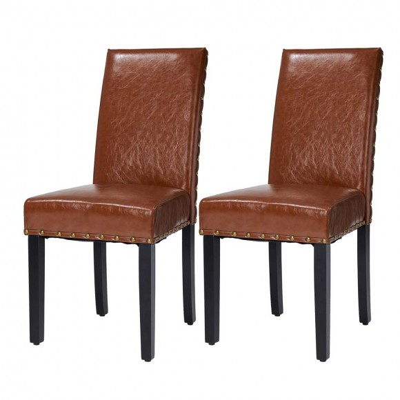 glitzhome Glitzhome High-Back Brown PU Upholstered Dining Chair with Studded Decor Set of 2