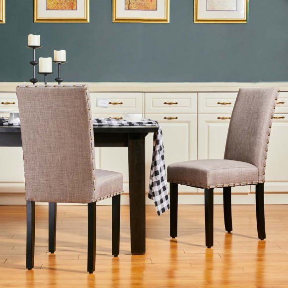 Glitzhome Glitzhome High-Back Gray Fabric Upholstered Dining Chair With Studded Decor Set Of 2