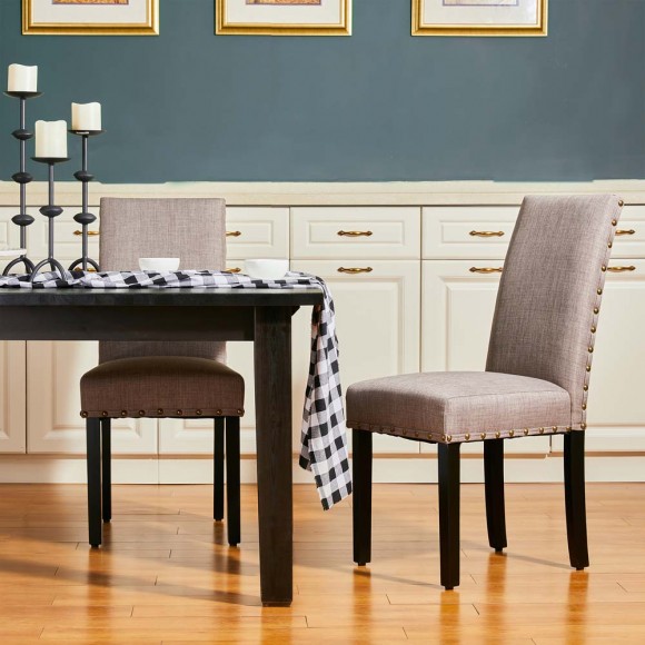 Glitzhome Glitzhome High-Back Gray Fabric Upholstered Dining Chair With Studded Decor Set Of 2