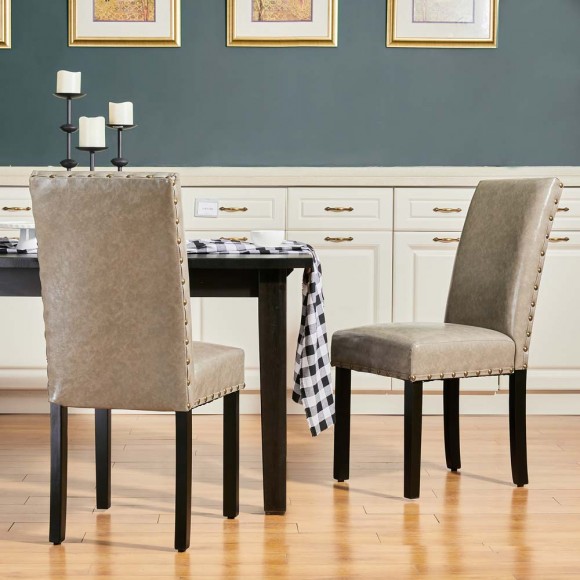 Glitzhome Glitzhome High-Back Gray PU Upholstered Dining Chair With Studded Decor Set Of 2