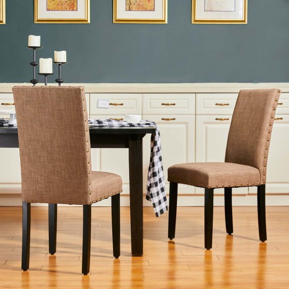 Glitzhome Glitzhome High-Back Tan Fabric Upholstered Dining Chair With Studded Decor Set Of 2