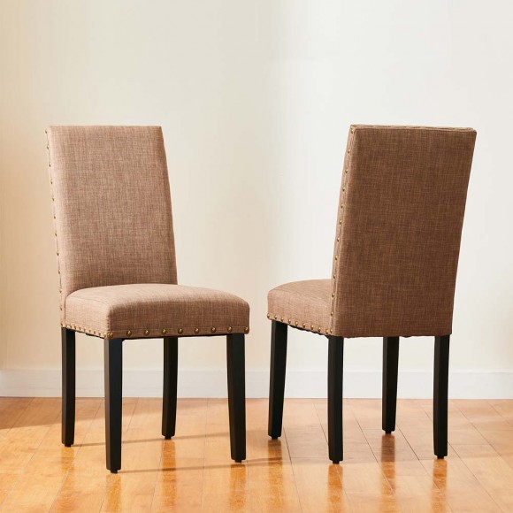 Glitzhome Glitzhome High-Back Tan Fabric Upholstered Dining Chair With Studded Decor Set Of 2