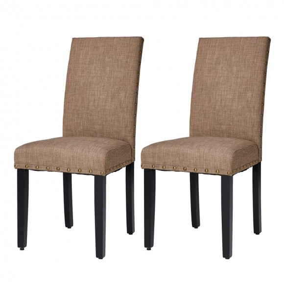 glitzhome Glitzhome High-Back Tan Fabric Upholstered Dining Chair with Studded Decor Set of 2