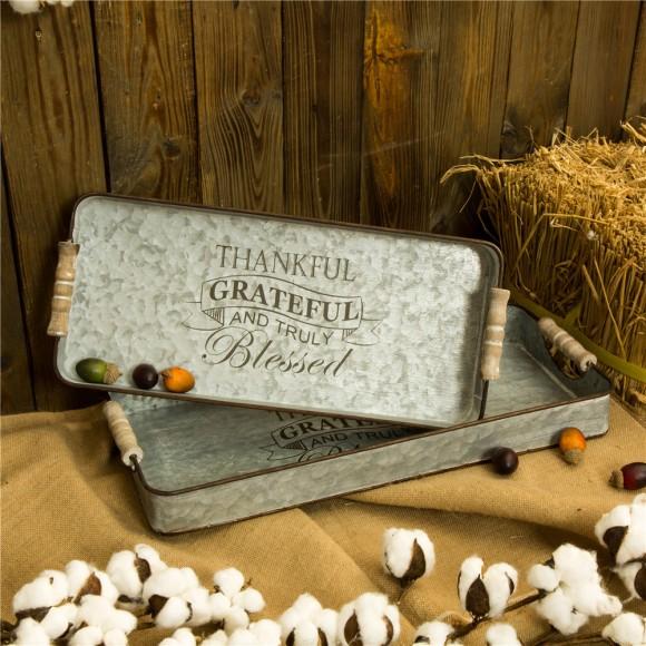 Glitzhome Glitzhome Iron Rect Galvanized Tray Harvest Decor Set Of 2