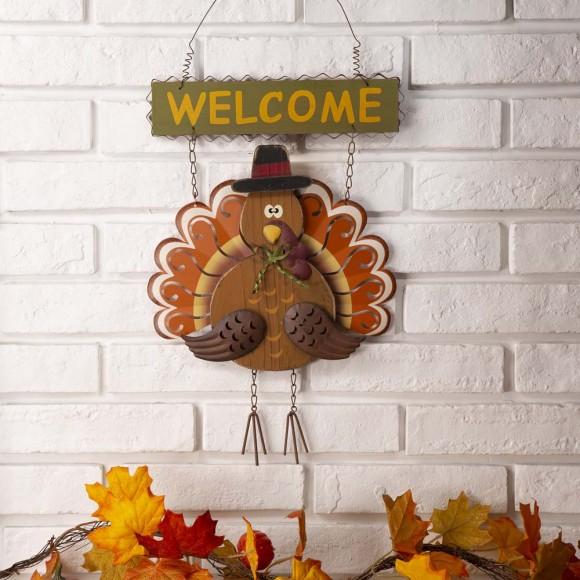 Glitzhome Glitzhome Iron Solid Wood Autumn Turkey Welcome Hanging Decor