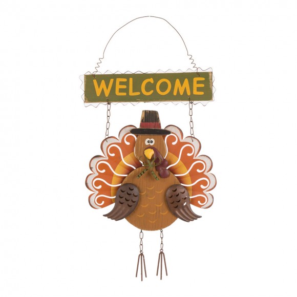glitzhome Glitzhome Iron Solid Wood Autumn Turkey Welcome Hanging Decor