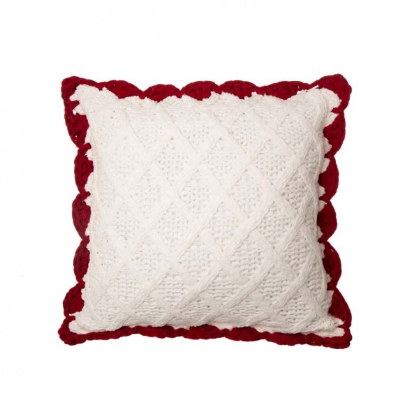 Glitzhome Glitzhome Knitted Polyester White Pillow Cover With Red Trim & Pompom