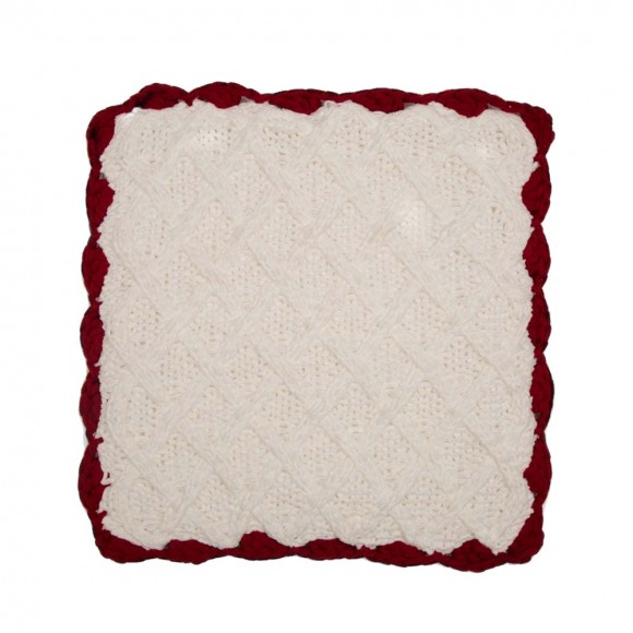 glitzhome Glitzhome Knitted Polyester White Pillow Cover with Red Trim & Pompom