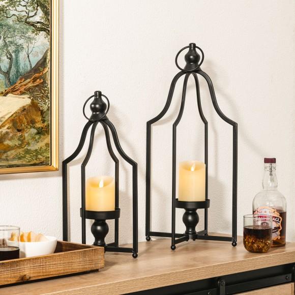 Glitzhome Glitzhome Large And Small Modern Farmhouse Black Metal Candle Lantern Set Of 2