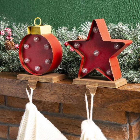 Glitzhome Glitzhome Marquee LED Star & Wooden/Metal Ornament Stocking Holder Set Of 2