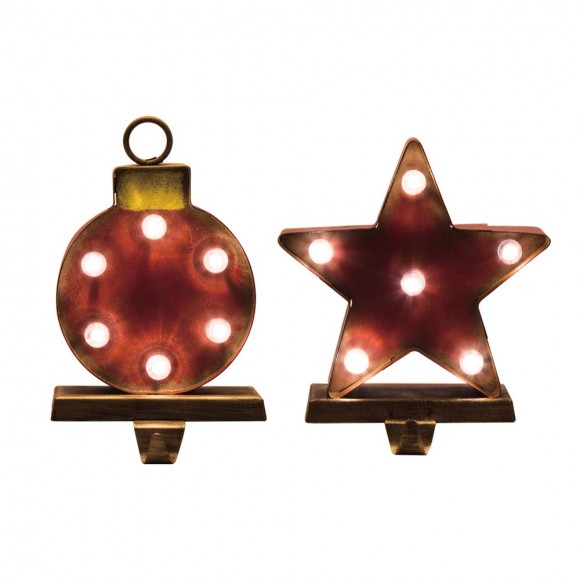 glitzhome Glitzhome Marquee LED Star & Wooden/Metal Ornament Stocking Holder Set of 2