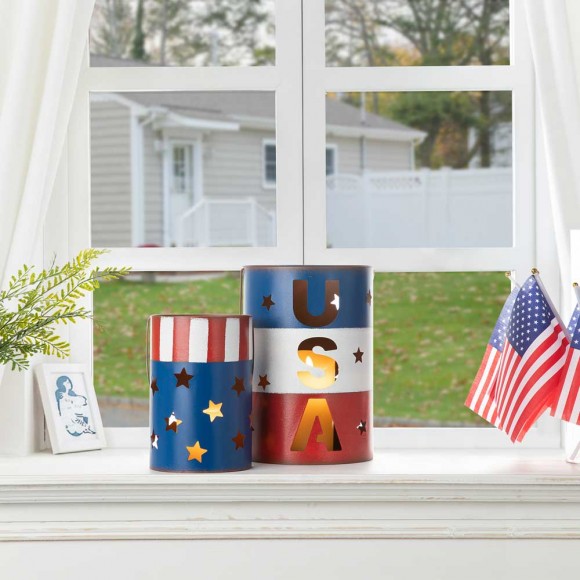 Glitzhome Glitzhome Metal Patriotic Bucket Lantern Set Of 2