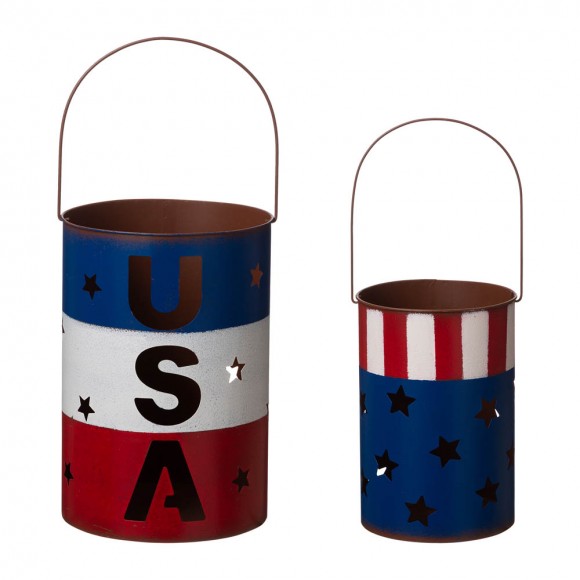 glitzhome Glitzhome Metal Patriotic Bucket Lantern Set of 2