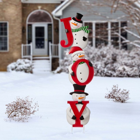 Glitzhome Glitzhome Metal Vertical Or Horizontal "JOY" Snowman Family Yard Stake Set Of 3