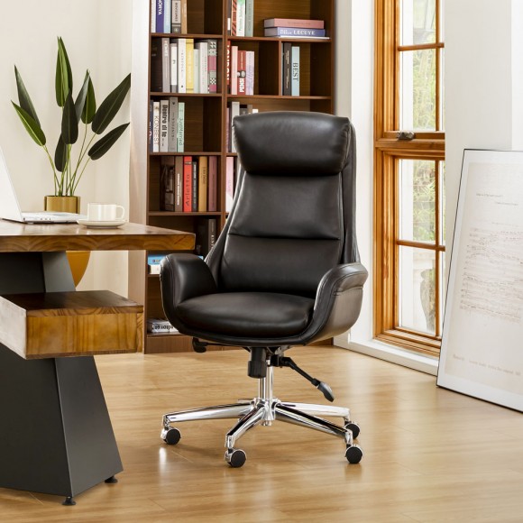 Glitzhome Glitzhome Mid-Century Modern Black Leatherette Adjustable Swivel High Back Office Chair