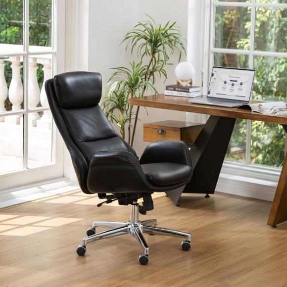 Glitzhome Glitzhome Mid-Century Modern Black Leatherette Adjustable Swivel High Back Office Chair