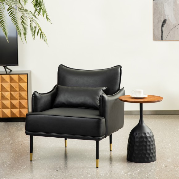 Glitzhome Glitzhome Mid-Century Modern Black Leatherette Armchair With Gold Trimmed Metal Legs And Side Pocket