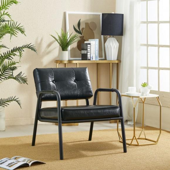Glitzhome Glitzhome Mid-Century Modern Black Leatherette Arm Accent Chair With Frosted Black Metal Frame