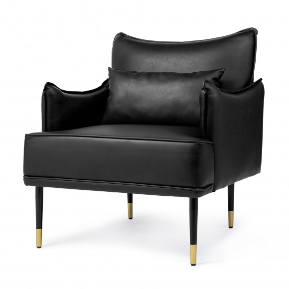 glitzhome Glitzhome Mid-Century Modern Black Leatherette Armchair With Gold Trimmed Metal Legs and Side Pocket