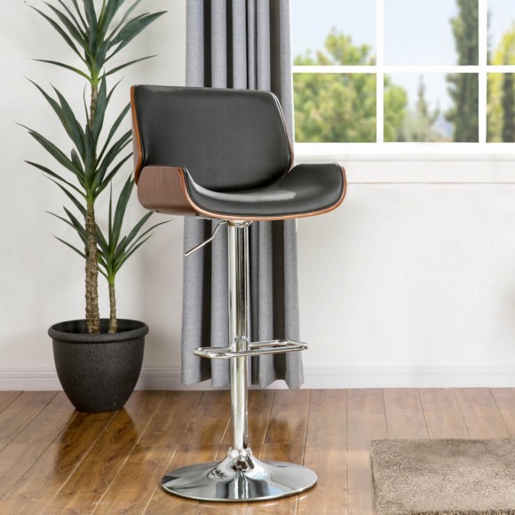 Glitzhome Glitzhome Mid-century Modern Black PU And Walnut Bentwood Adjustable Height Swivel Bar Stool