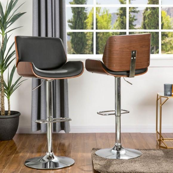 Glitzhome Glitzhome Mid-century Modern Black PU And Walnut Bentwood Adjustable Height Swivel Bar Stool Set Of 2