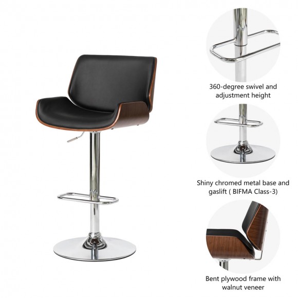 Glitzhome Glitzhome Mid-century Modern Black PU And Walnut Bentwood Adjustable Height Swivel Bar Stool Set Of 2