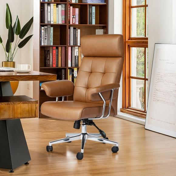 Glitzhome Glitzhome Mid-Century Modern Brown Leatherette Gaslift Adjustable Swivel High Back Office Chair With Armrest