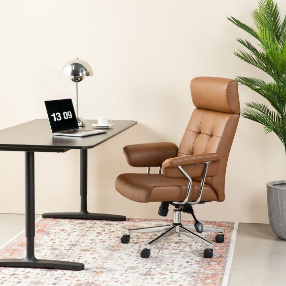 Glitzhome Glitzhome Mid-Century Modern Brown Leatherette Gaslift Adjustable Swivel High Back Office Chair With Armrest