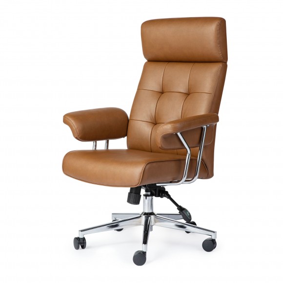 glitzhome Glitzhome Mid-Century Modern Brown Leatherette Gaslift Adjustable Swivel High Back Office Chair with Armrest