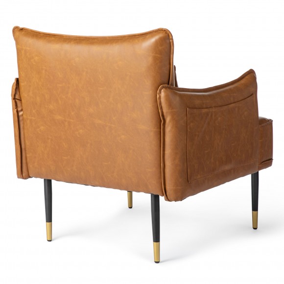 Glitzhome Glitzhome Mid-Century Modern Camel Leatherette Armchair With Gold Trimmed Metal Legs And Side Pocket