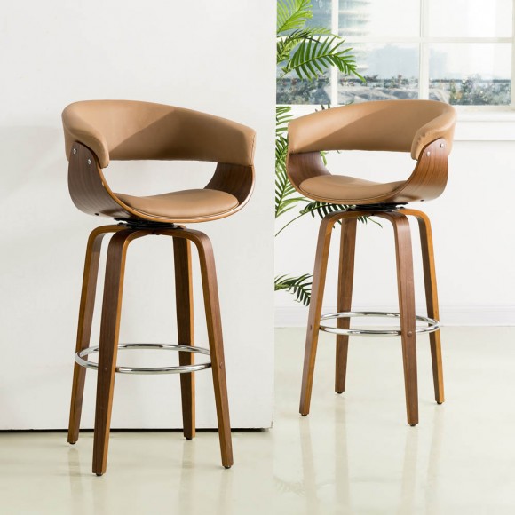Glitzhome Glitzhome Mid-century Modern Camel PU/Walnut Bentwood Swivel Bar Chair Set Of 2