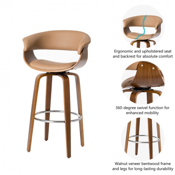 Glitzhome Glitzhome Mid-century Modern Camel PU/Walnut Bentwood Swivel Bar Chair Set Of 2