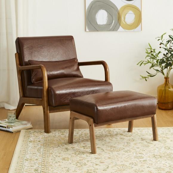 Glitzhome Glitzhome Mid-century Modern Coffee Leatherette Accent Stool With Walnut Rubberwood Legs
