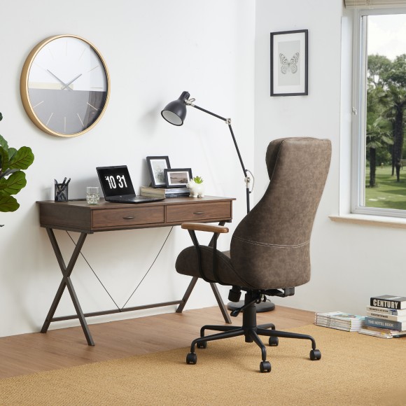 Glitzhome Glitzhome Mid-Century Modern Coffee Leatherette Gaslift Adjustable Swivel High Back & Armrest Office Chair-Wooden Armrest